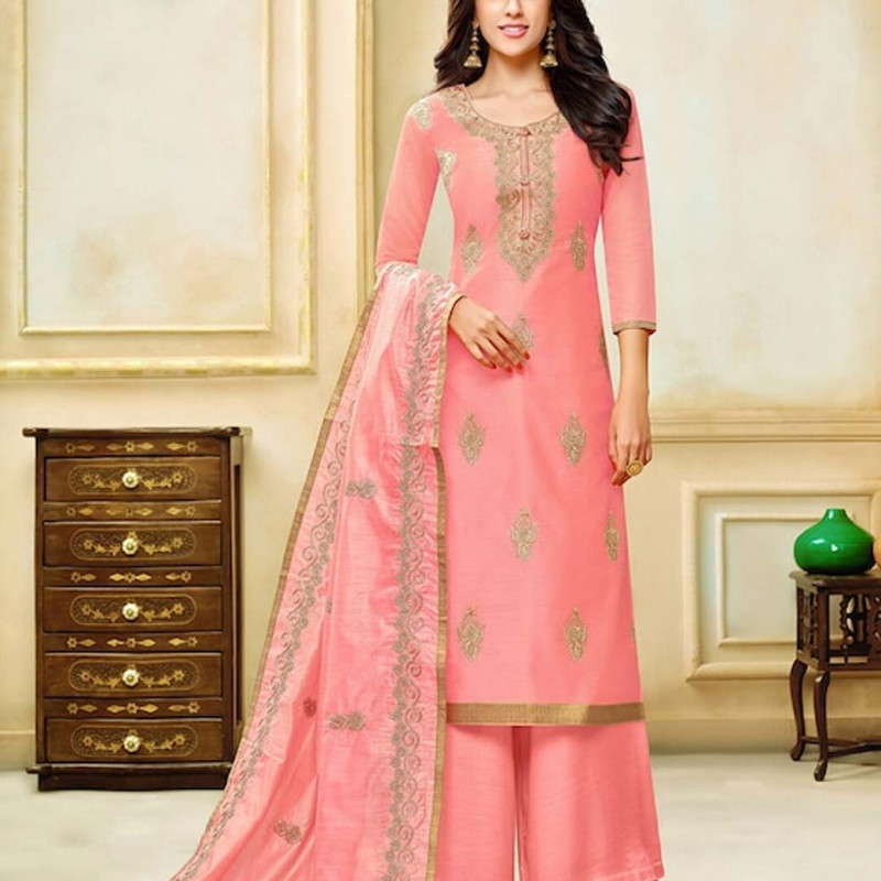 Peach-coloured and gold-toned unstitched dress material