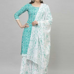 Turquoise Blue and white printed unstitched dress material 