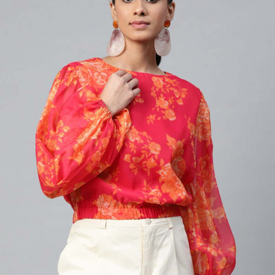 Pink & Orange Floral Printed Puff Sleeves Top