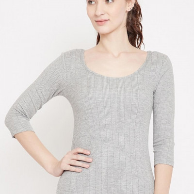 Women Grey Striped Slim-Fit Thermal Top