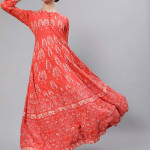 Women Peach-Coloured & White Geometric Printed Anarkali Kurta