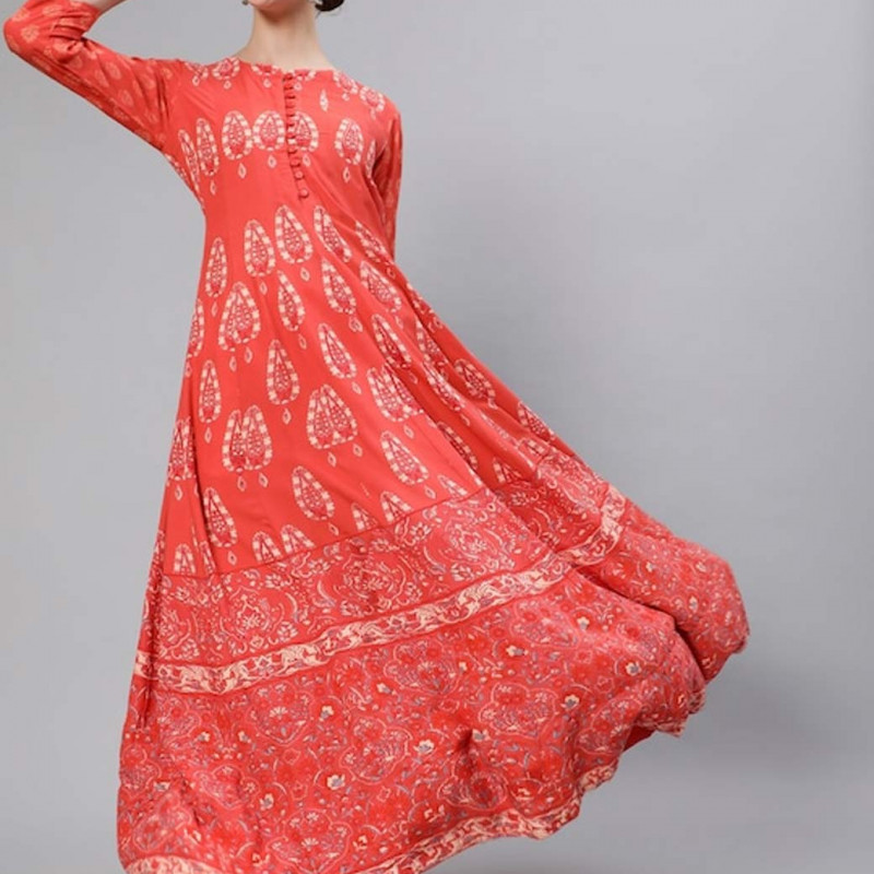 Women Peach-Coloured & White Geometric Printed Anarkali Kurta