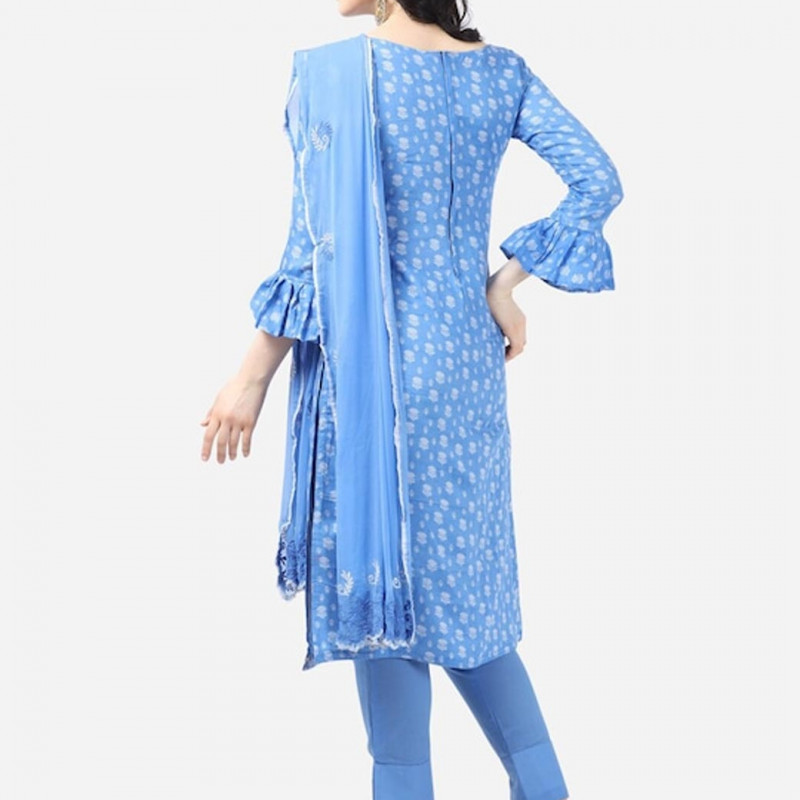 Blue and white printed unstitched dress material