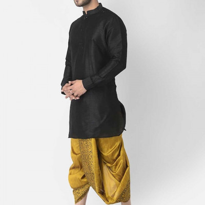 Men Yellow & Black Printed Silk Dhoti Pants