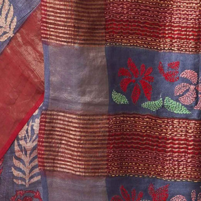 Maroon & Blue Work Pure Silk Tussar Saree