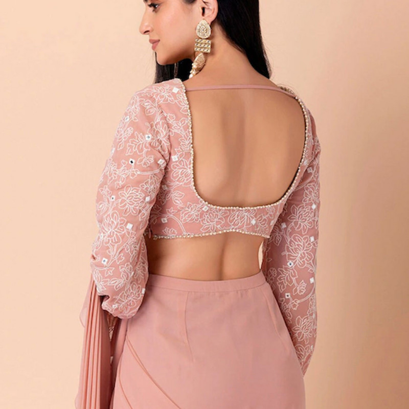 Pink crop regular top Floral embroidered V-neck tops