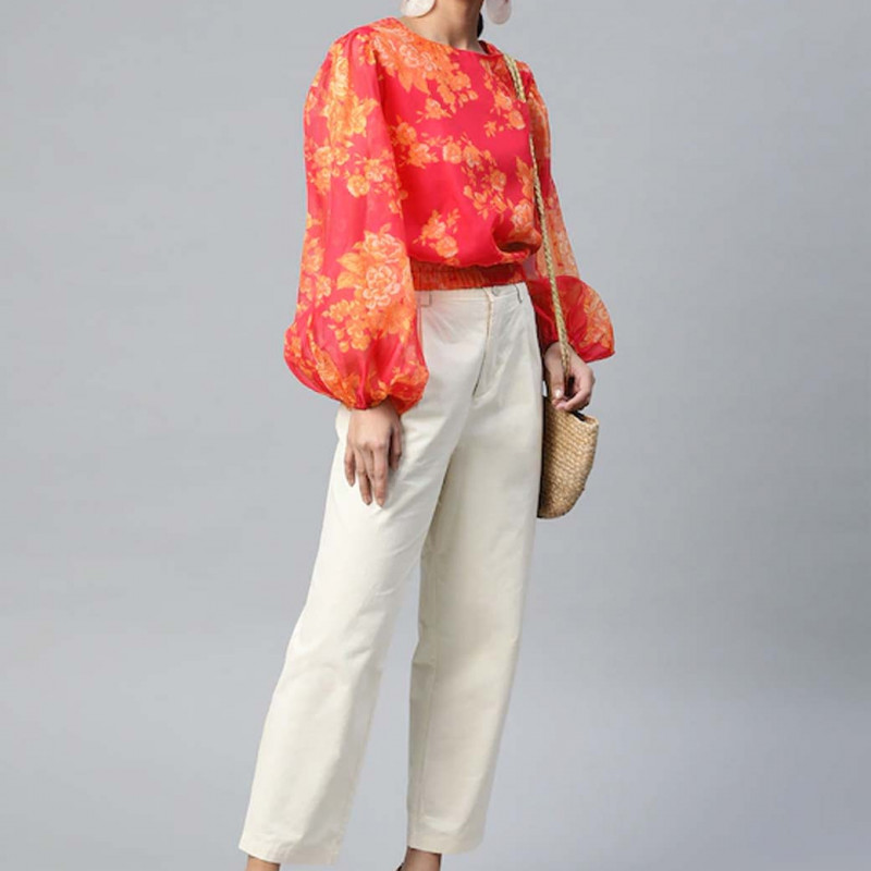 Pink & Orange Floral Printed Puff Sleeves Top