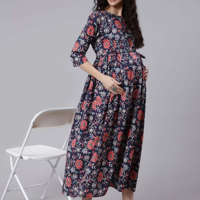 Blue Maternity Cotton Maxi Dress