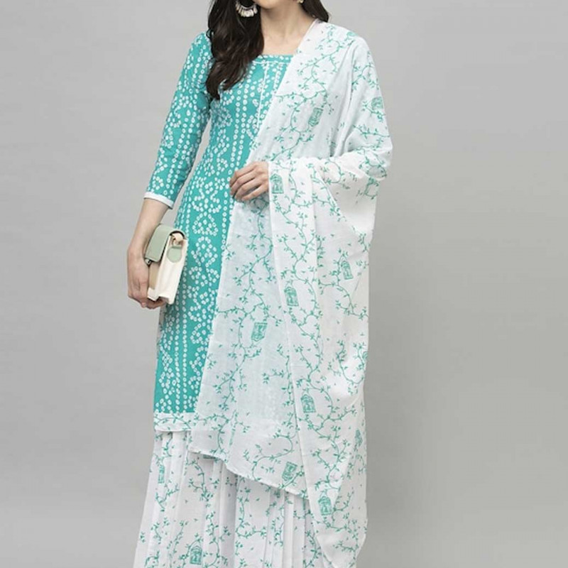 Turquoise Blue and white printed unstitched dress material 