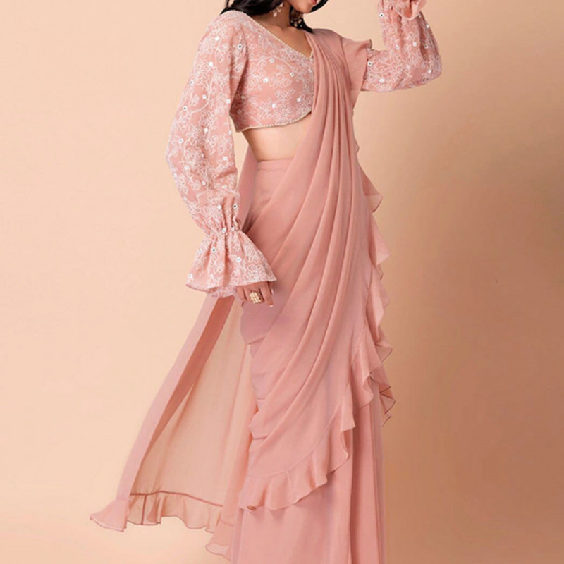 Pink crop regular top Floral embroidered V-neck tops