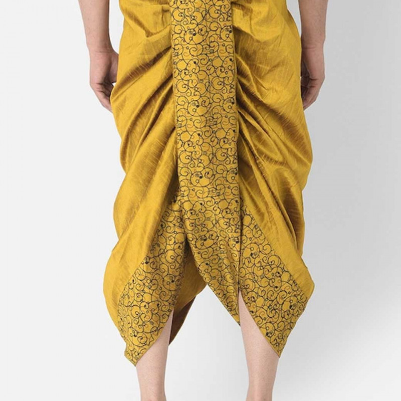 Men Yellow & Black Printed Silk Dhoti Pants