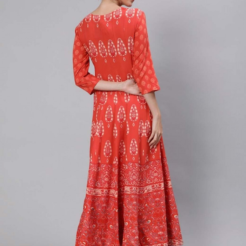 Women Peach-Coloured & White Geometric Printed Anarkali Kurta